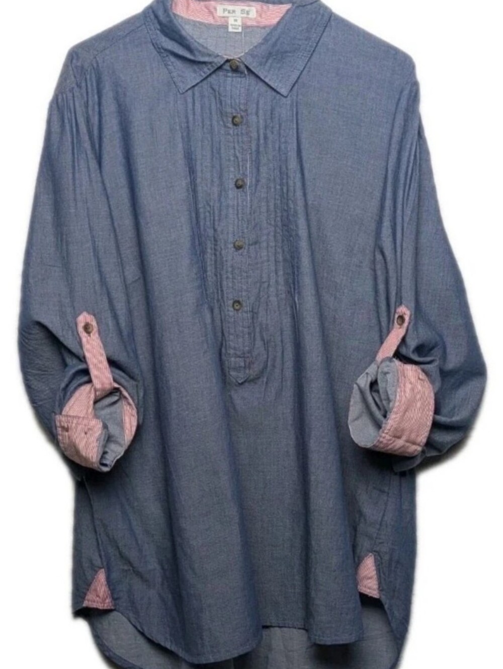Per Se Blouse 1X New NWT Pintuck Details Chambray